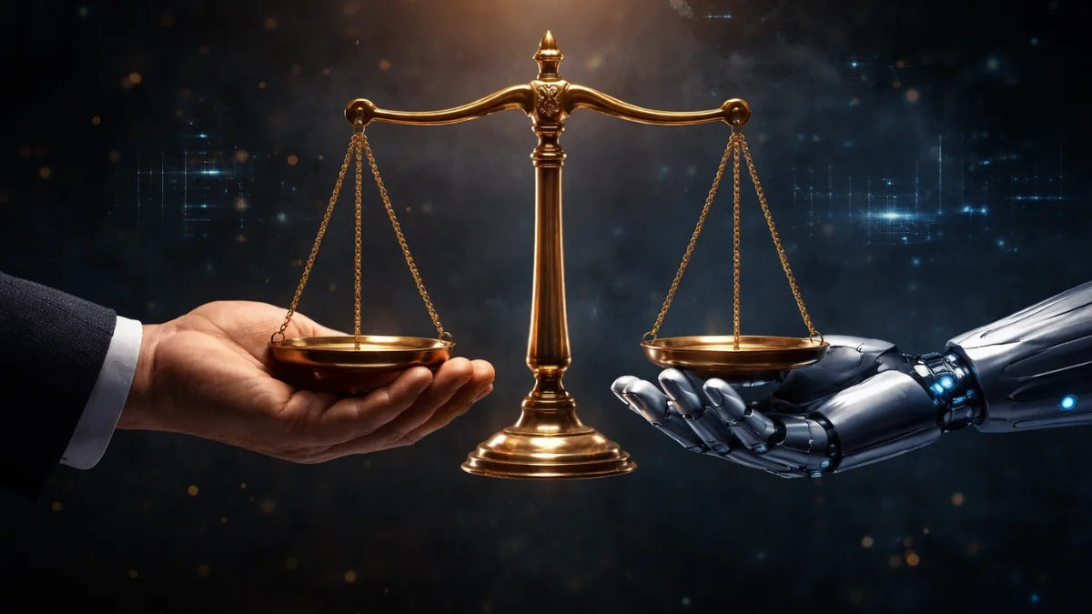 AI Regulation Debate representing balance between ethics and artificial intelligence