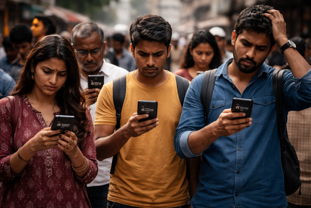 people in India checking smartphones showing no internet signal during network shutdown