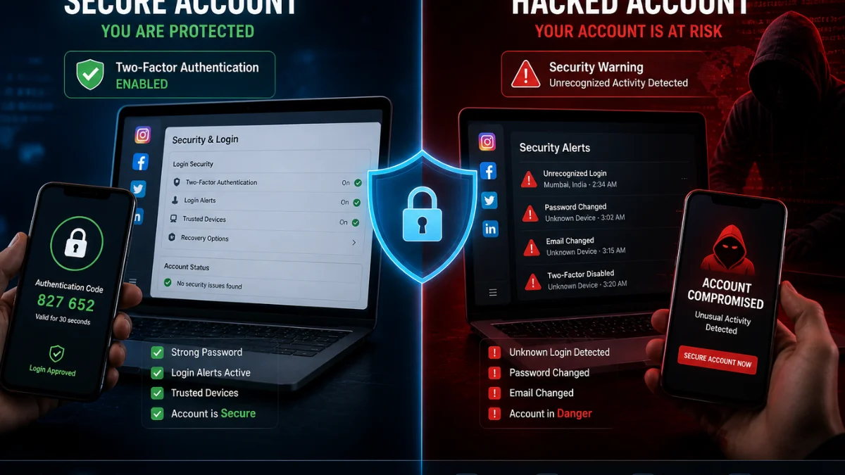 Comparison between protected and hacked social media accounts with security warnings
