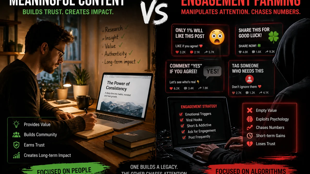 Comparison between real content and Engagement Farming tactics