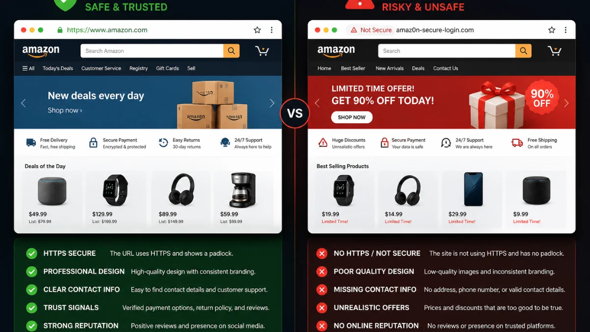 Comparison between safe and fake websites for cybersecurity awareness