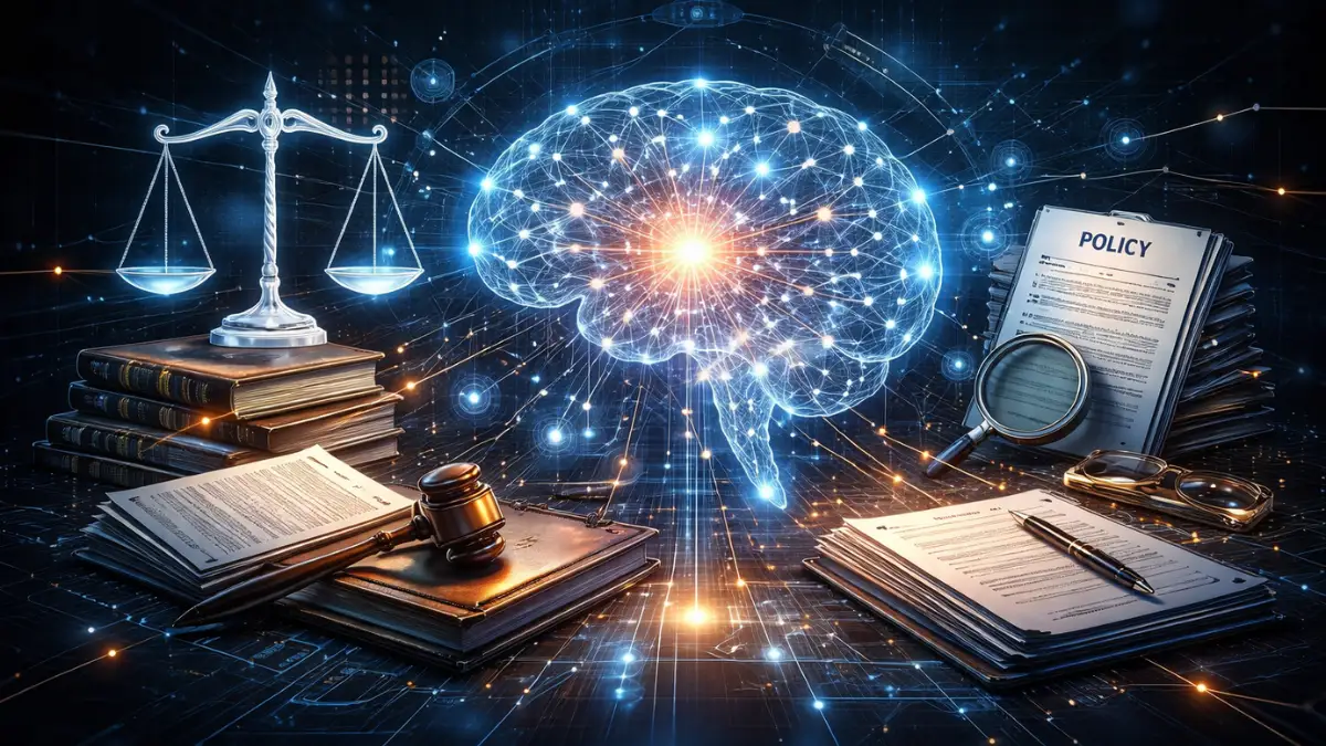 Conceptual image of artificial intelligence and legal balance scales