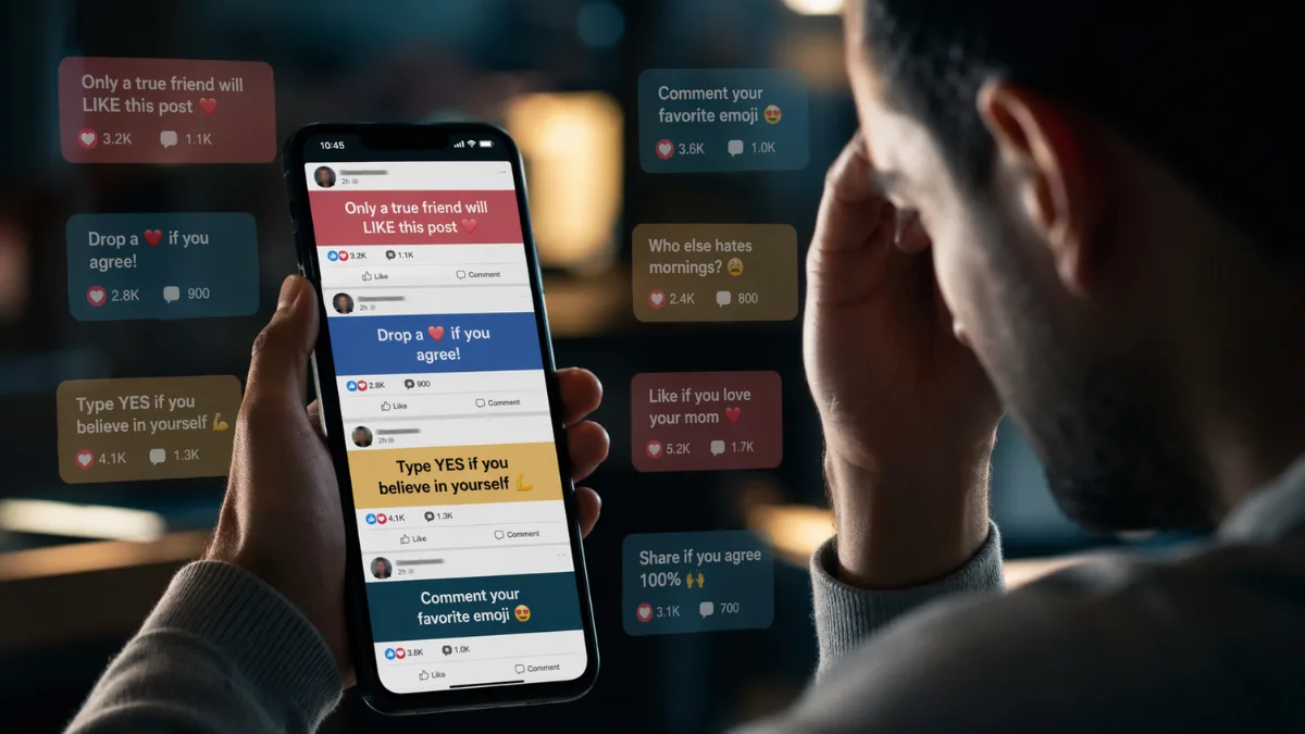 Engagement Farming posts cluttering a social media feed on smartphone