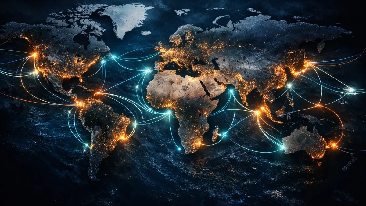 Global fiber optic cable network connecting continents underwater