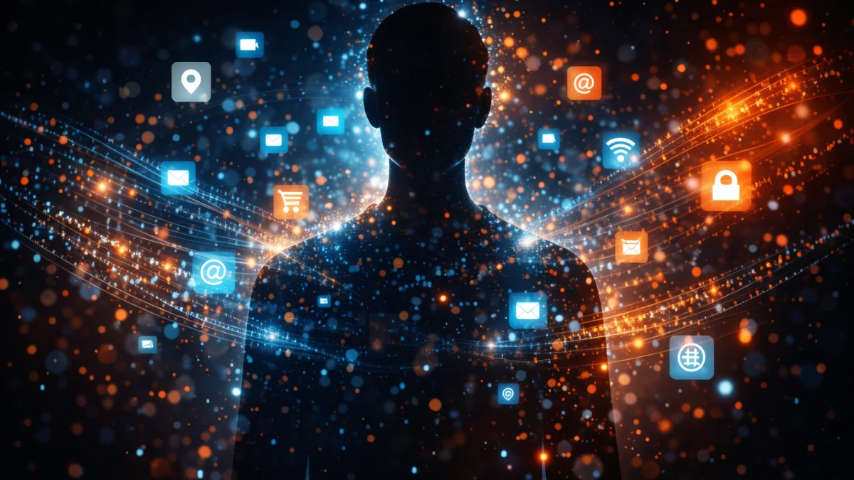 Human figure surrounded by digital data representing privacy concerns
