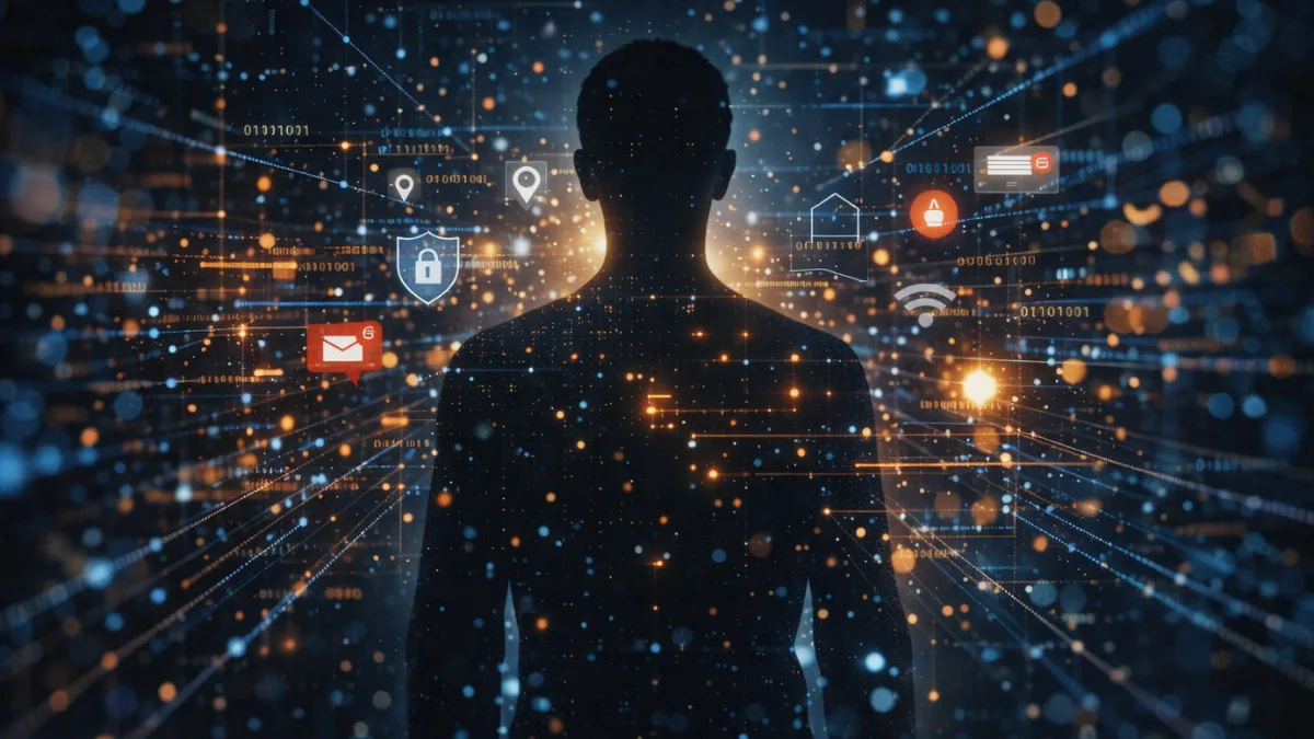 Human silhouette surrounded by digital data points symbolizing online privacy concerns