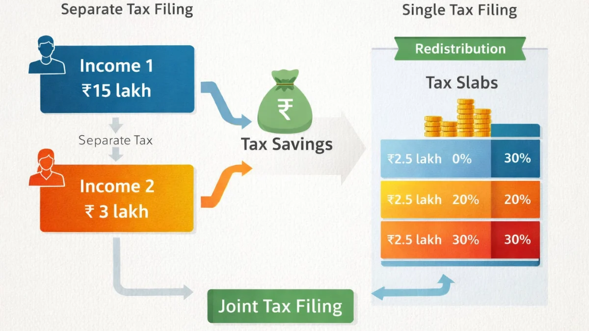 Joint tax filing concept showing combined income and tax slabs