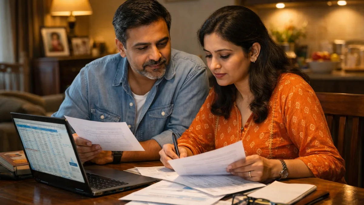 Middle-class couple reviewing tax planning and finances at home