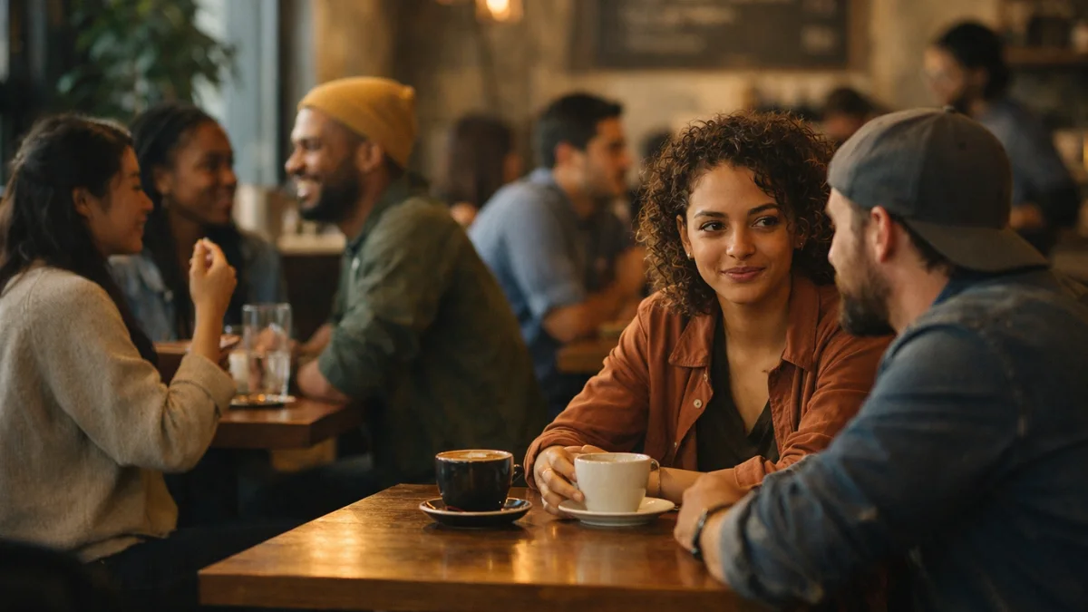 People interacting in a café showing real-life vibe check moment