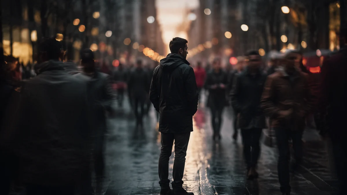 Person feeling unnoticed in a crowded city representing Side Character Energy