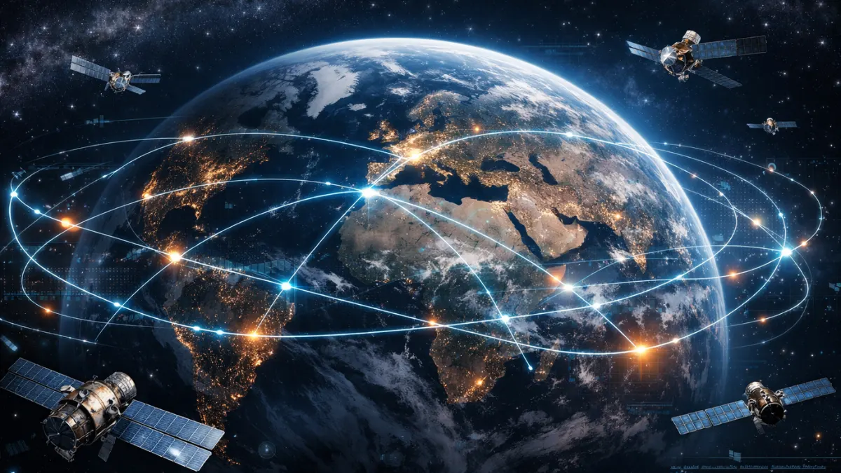 Future of Space showing satellites orbiting Earth with global connections
