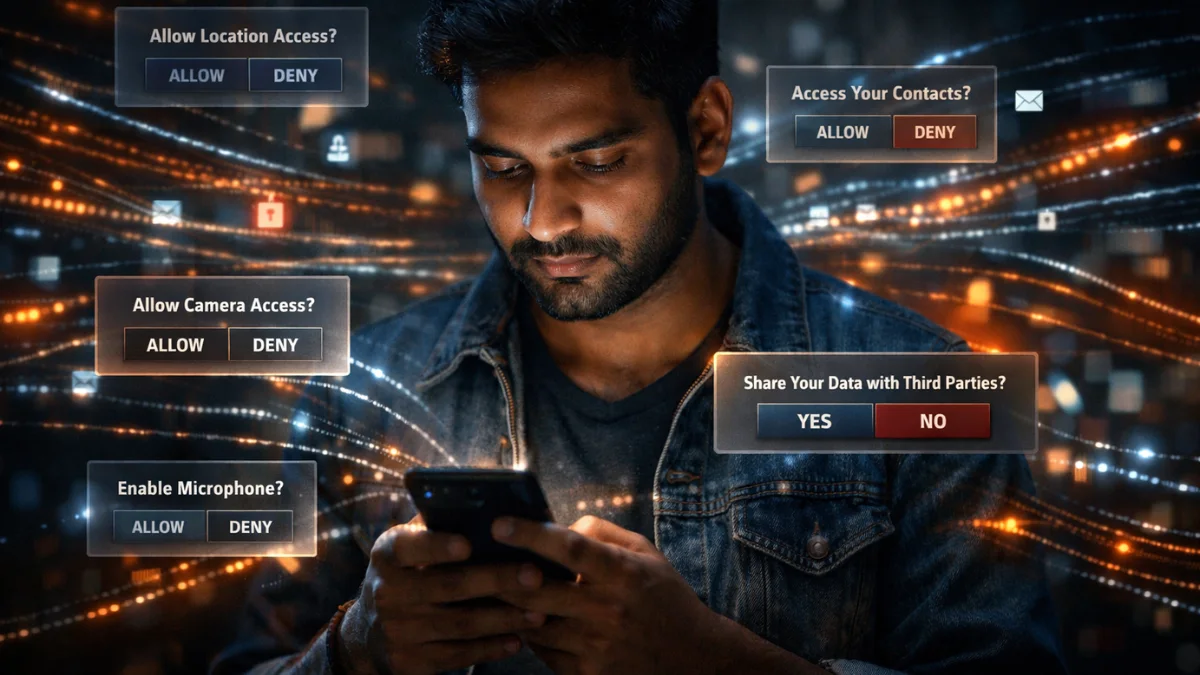 User granting app permissions highlighting data privacy concerns in India