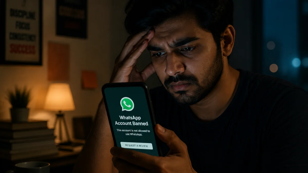 WhatsApp account banned notification on smartphone with worried user