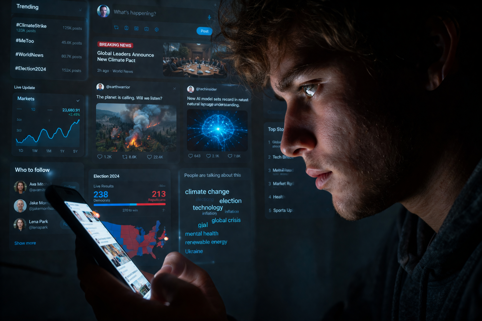 A close-up of a person’s face illuminated by the blue light of a smartphone, with digital news feeds and social media icons reflected in the background.