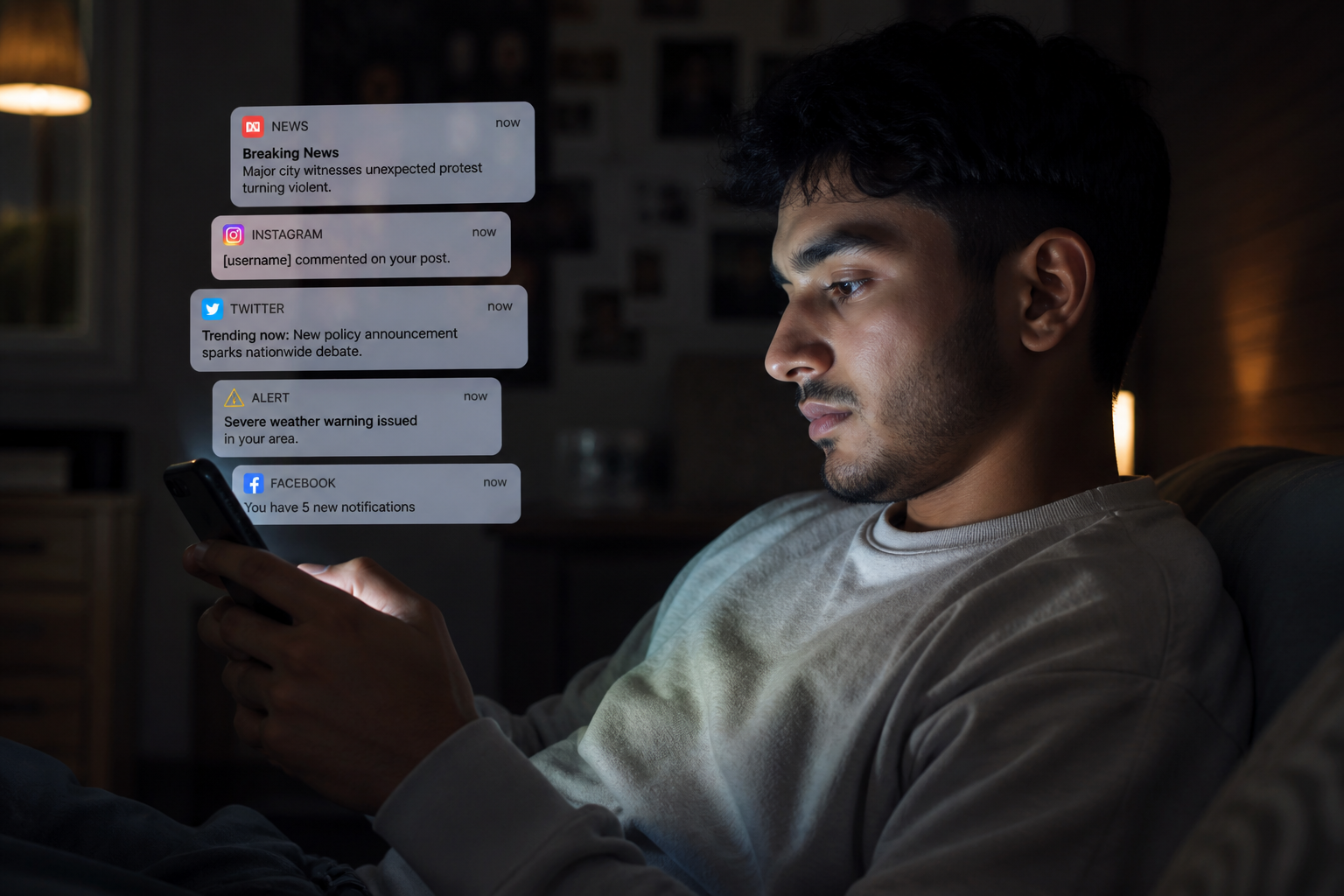 Young person using smartphone in a dim room with multiple news notifications on screen showing internet trust issues