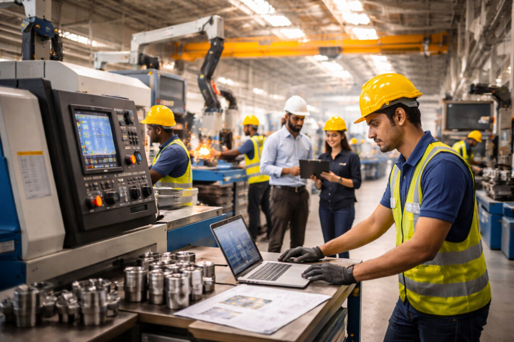 Indian manufacturing sector with workers and machinery representing Atmanirbhar Bharat initiative
