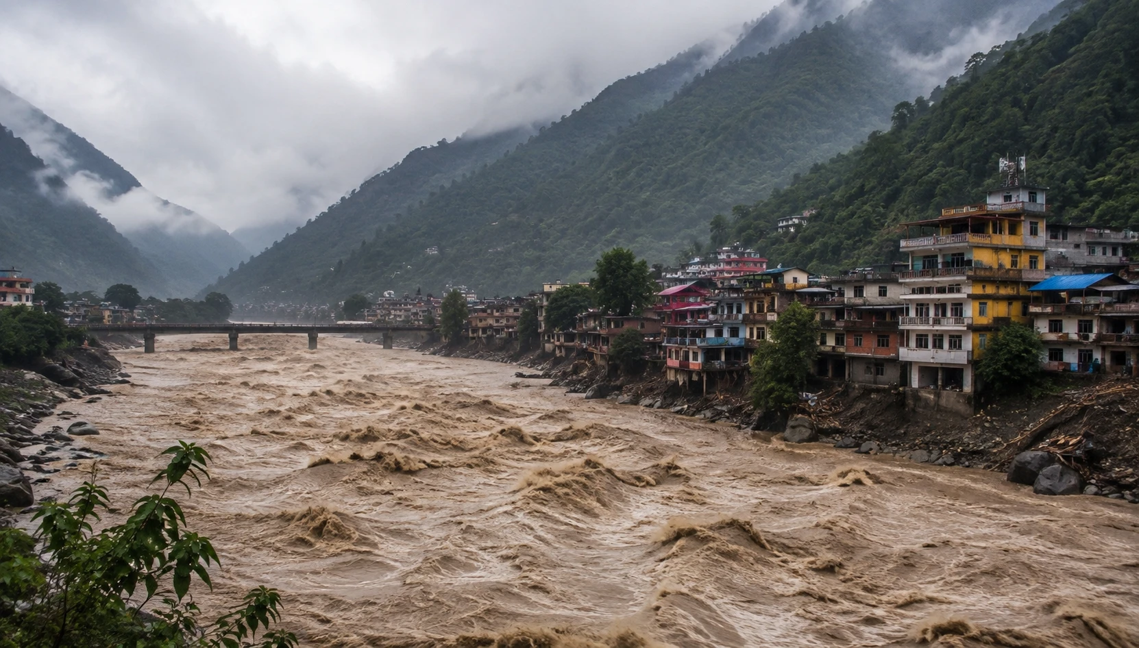 Nepal flash floods rushing through a Himalayan valley with water, rocks and debris