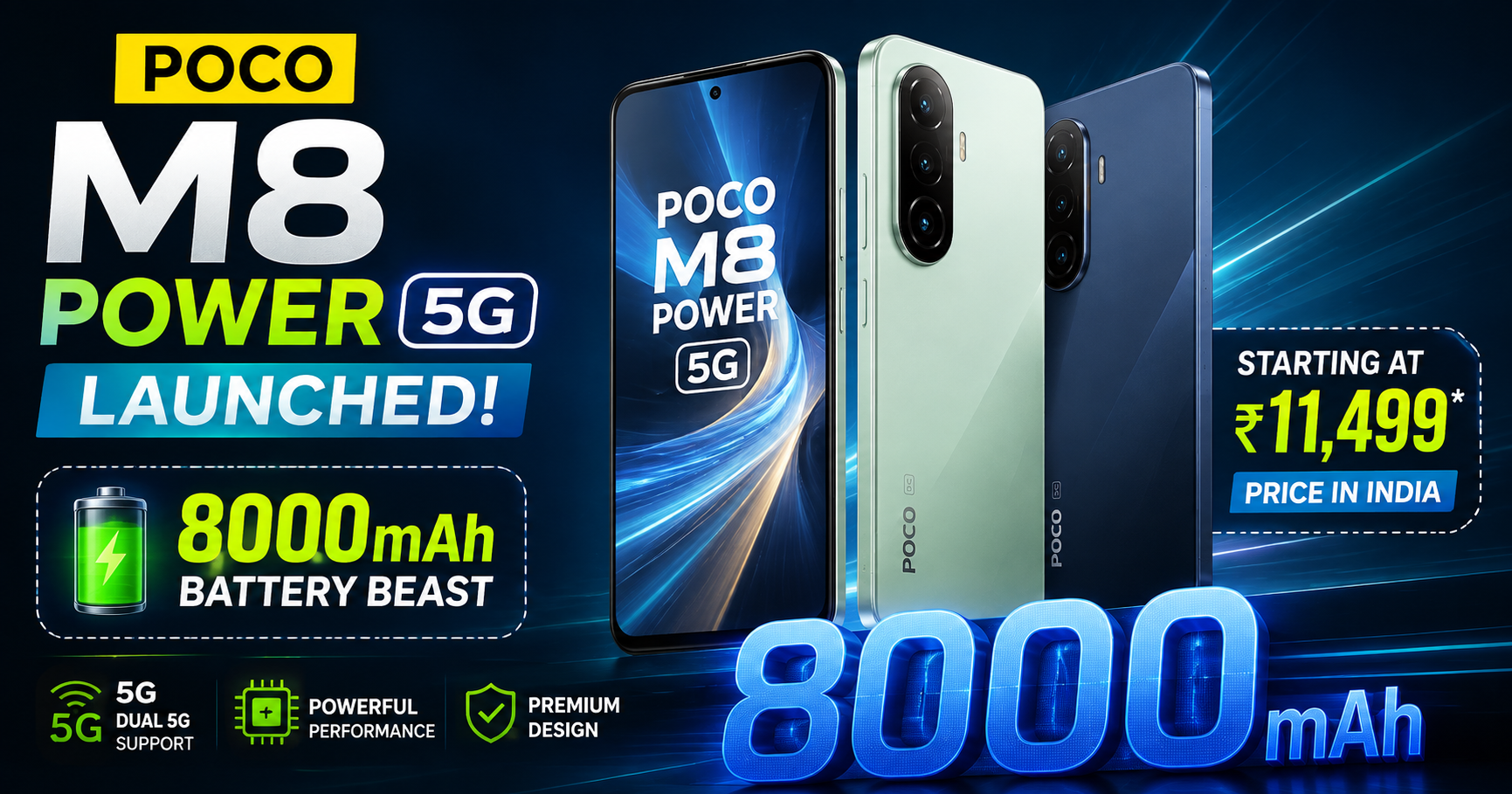Poco M8 Power price in India explained with 8000mAh battery phone illustration