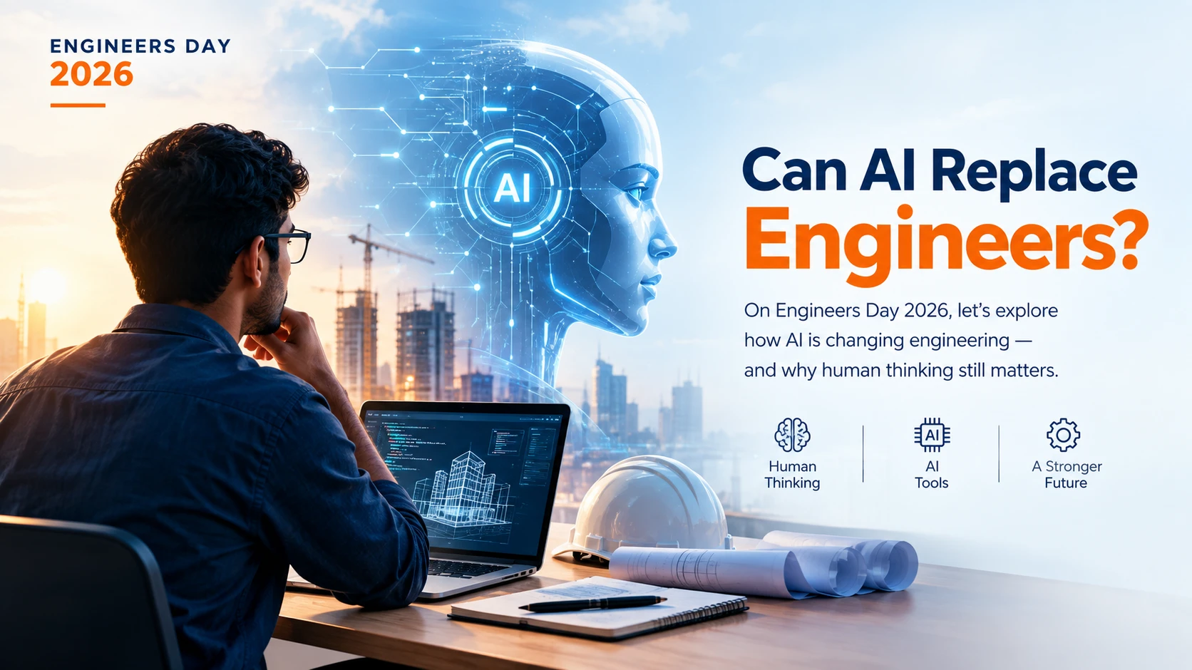 Engineers Day 2026 concept showing a human engineer and artificial intelligence working together