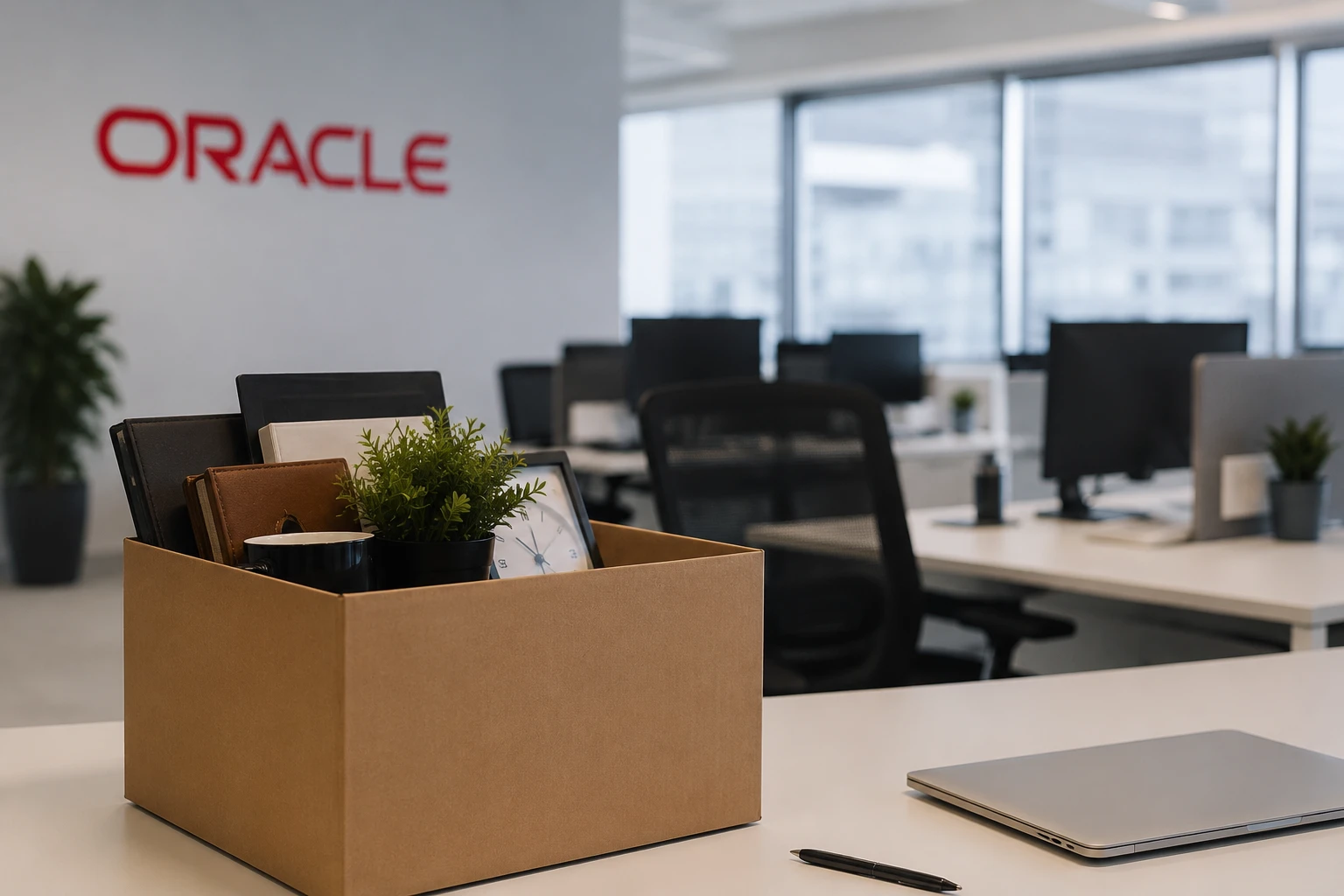 Oracle layoff: Packed office desk symbolizing employee job cuts in India