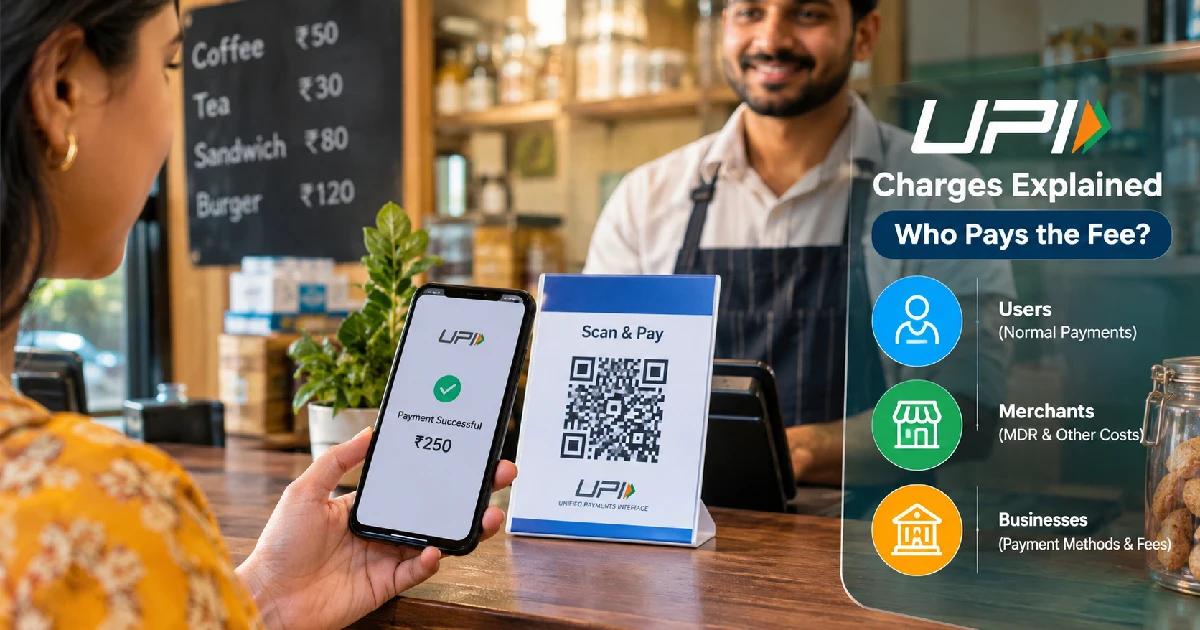 UPI charges explained showing an Indian customer making a QR code payment at a sho