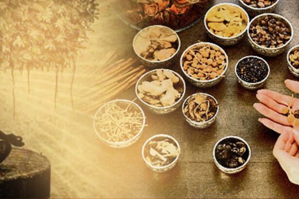 Modern Ayurveda practice with herbs, tablets, and stethoscope on wooden table