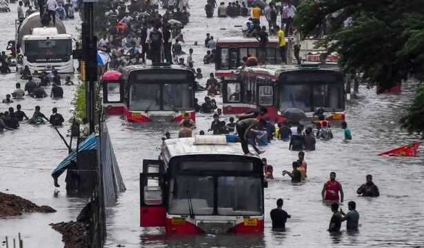 Mumbai road submerged in floodwaters during IMD red alert