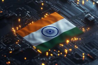 Indian scientist calibrating a quantum computing module in a lab environment