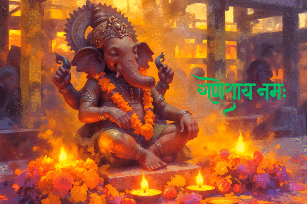 Traditional Ganesh Chaturthi decorations with flowers, diyas, and rangoli