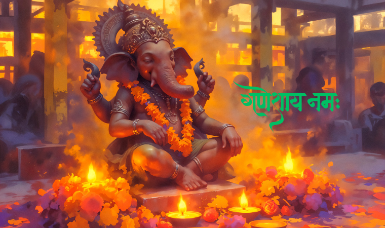 Traditional Ganesh Chaturthi decorations with flowers, diyas, and rangoli