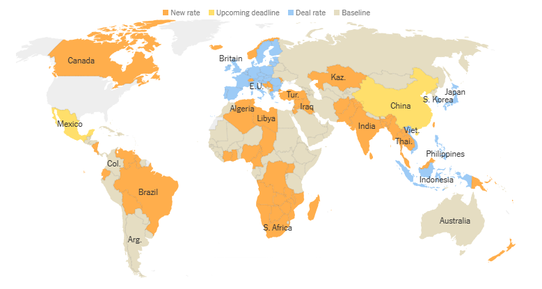 Global map showing countries affected by Trump tariffs