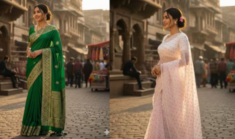 AI-generated retro Bollywood-inspired photo in a colorful saree