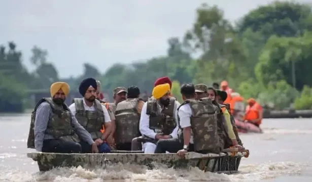 Chief Minister Bhagwant Mann touring Ferozepur flood-hit areas on a boat