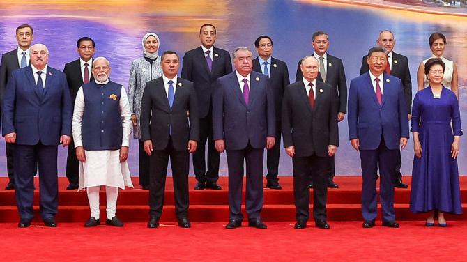 Leaders at Shanghai Cooperation Organisation Summit 2025 in Tianjin, including PM Modi, Xi Jinping, and Vladimir Putin.