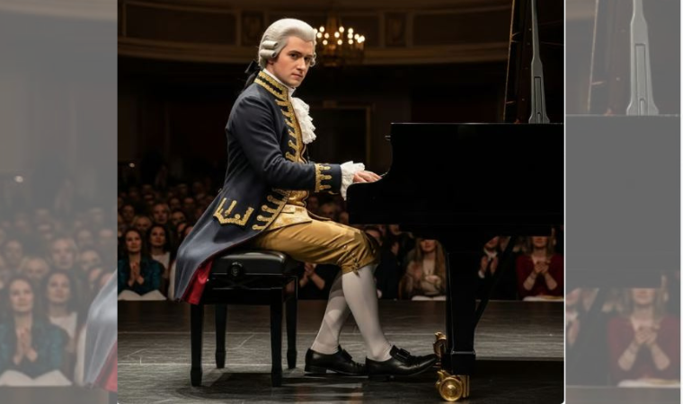 Mozart playing piano, showcasing classical mastery