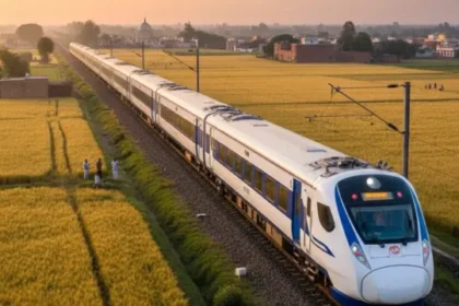 Vande Bharat Express train passing through Punjab fields