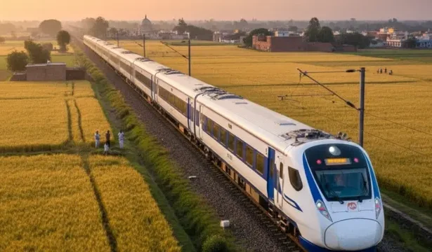 Vande Bharat Express train passing through Punjab fields