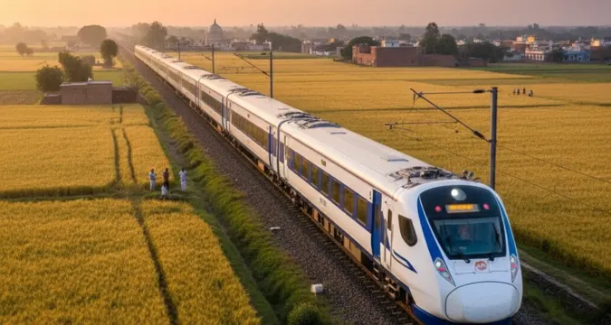 Vande Bharat Express train passing through Punjab fields