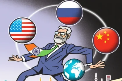 Conceptual image of shifting global alliances with India, Russia, China, and the US