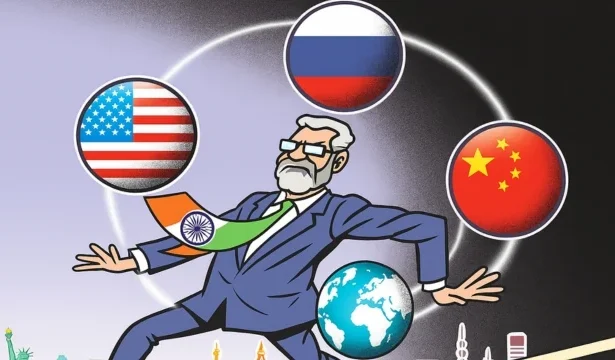 Conceptual image of shifting global alliances with India, Russia, China, and the US
