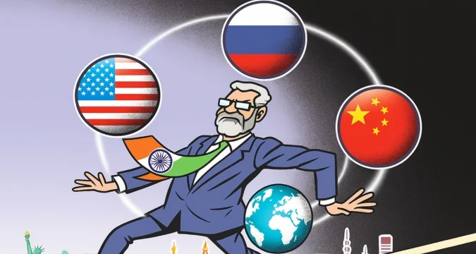 Conceptual image of shifting global alliances with India, Russia, China, and the US