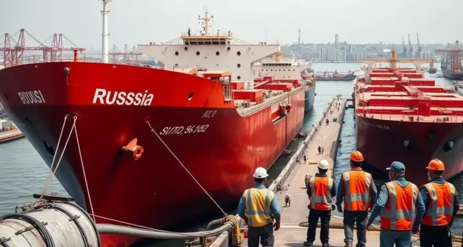 Port scene showing oil shipments, symbolic of India’s energy ties with Russia amid US tariffs