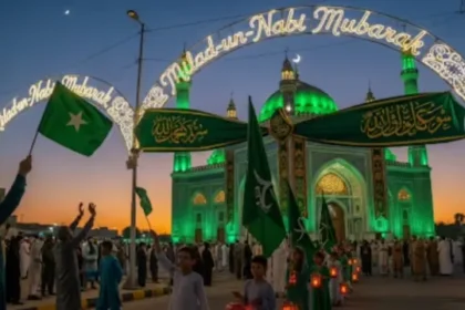 Barawafat procession with devotional poetry and Islamic flags in South Asia