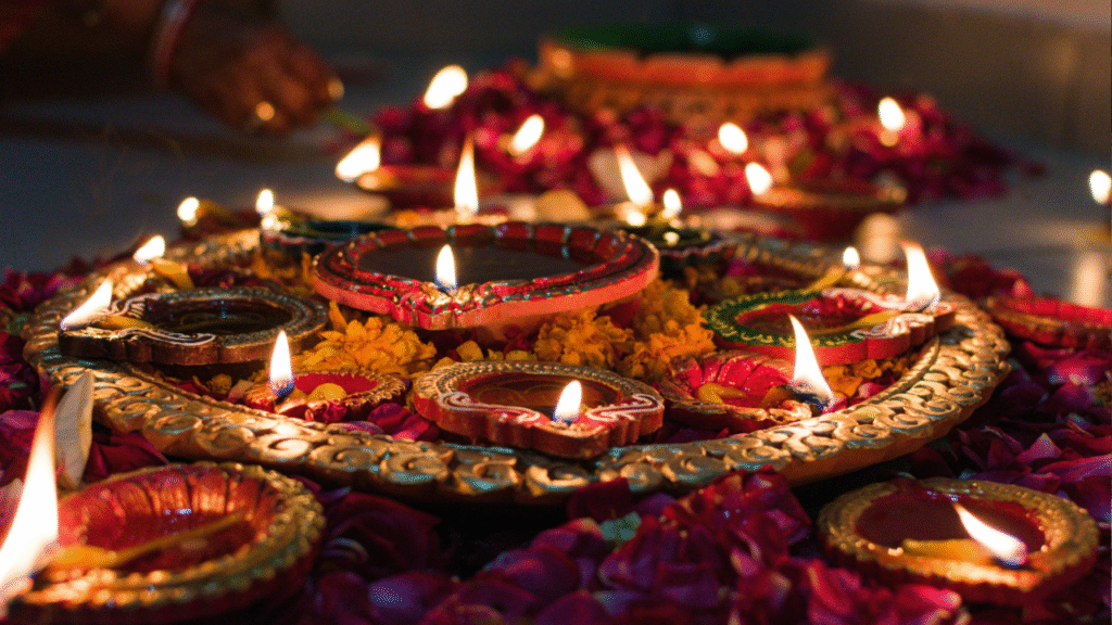 Indian home decorated with fairy lights and diyas for Diwali celebration