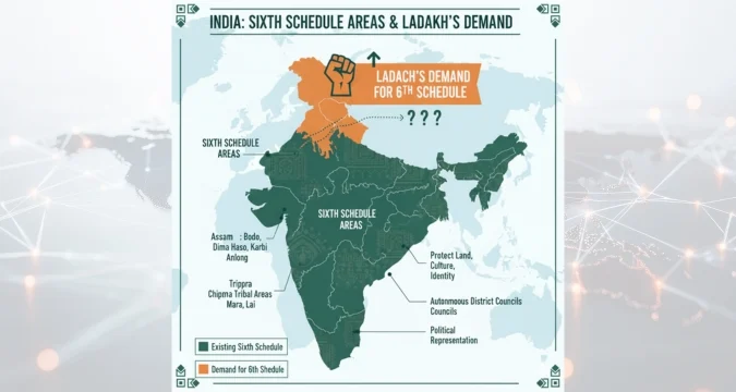 Illustration of Sixth Schedule areas in India and Ladakh’s demand for inclusion