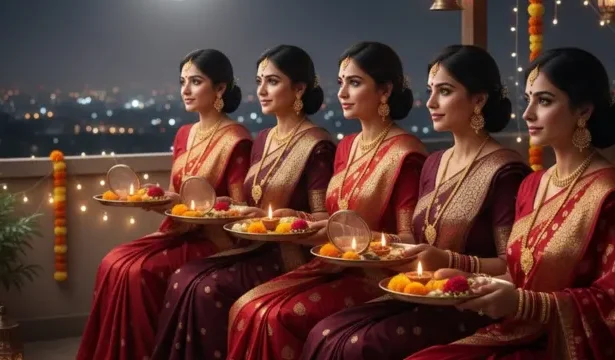 Karwa Chauth 2025 women performing evening puja and moon sighting