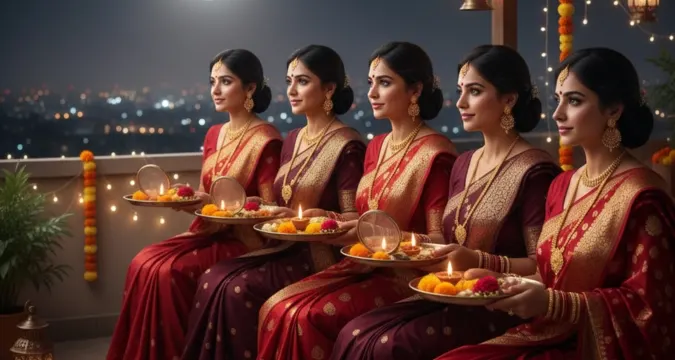 Karwa Chauth 2025 women performing evening puja and moon sighting