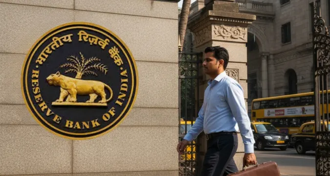 Man walking past Reserve Bank of India logo in Mumbai