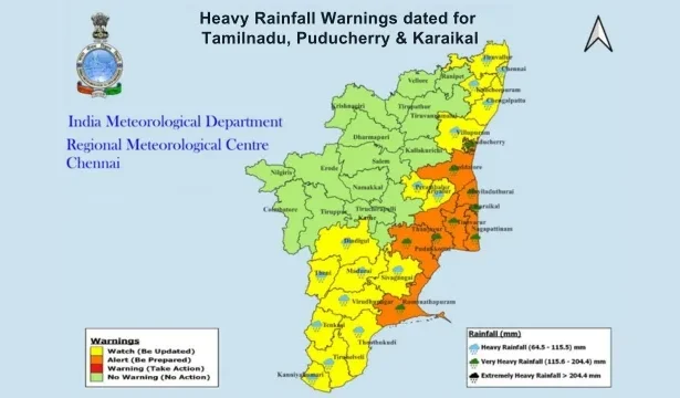 South India weather forecast map showing heavy rain zones
