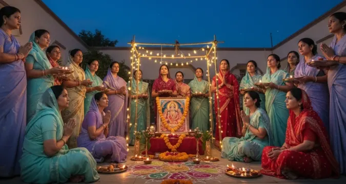 Women observing Ahoi Ashtami fast and offering prayers under evening sky